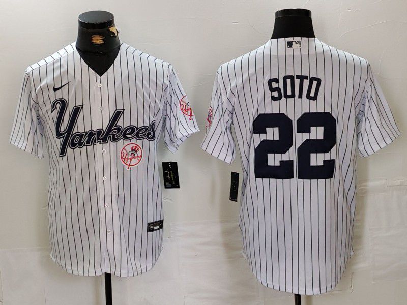 Men New York Yankees 22 Soto White stripe Three generations of joint names Nike 2024 MLB Jersey style 3